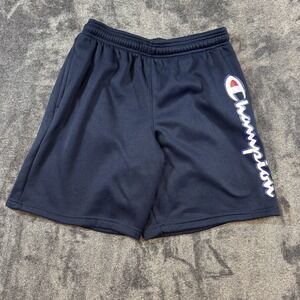 Champion Men's Fleece Shorts XL Blue Vertical Script Logo Drawstring Athletic